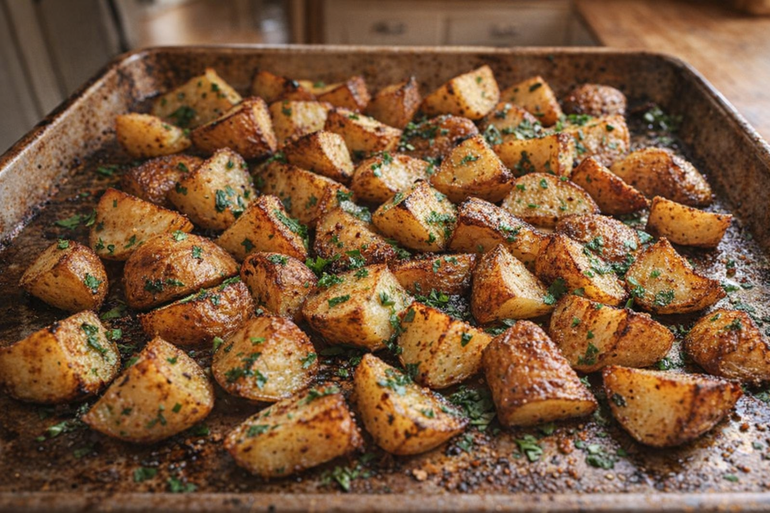 Overhead shot of perfectly roasted potatoes, golden brown and crispy, scattered with fresh parsley, rustic baking sheet, warm natural light